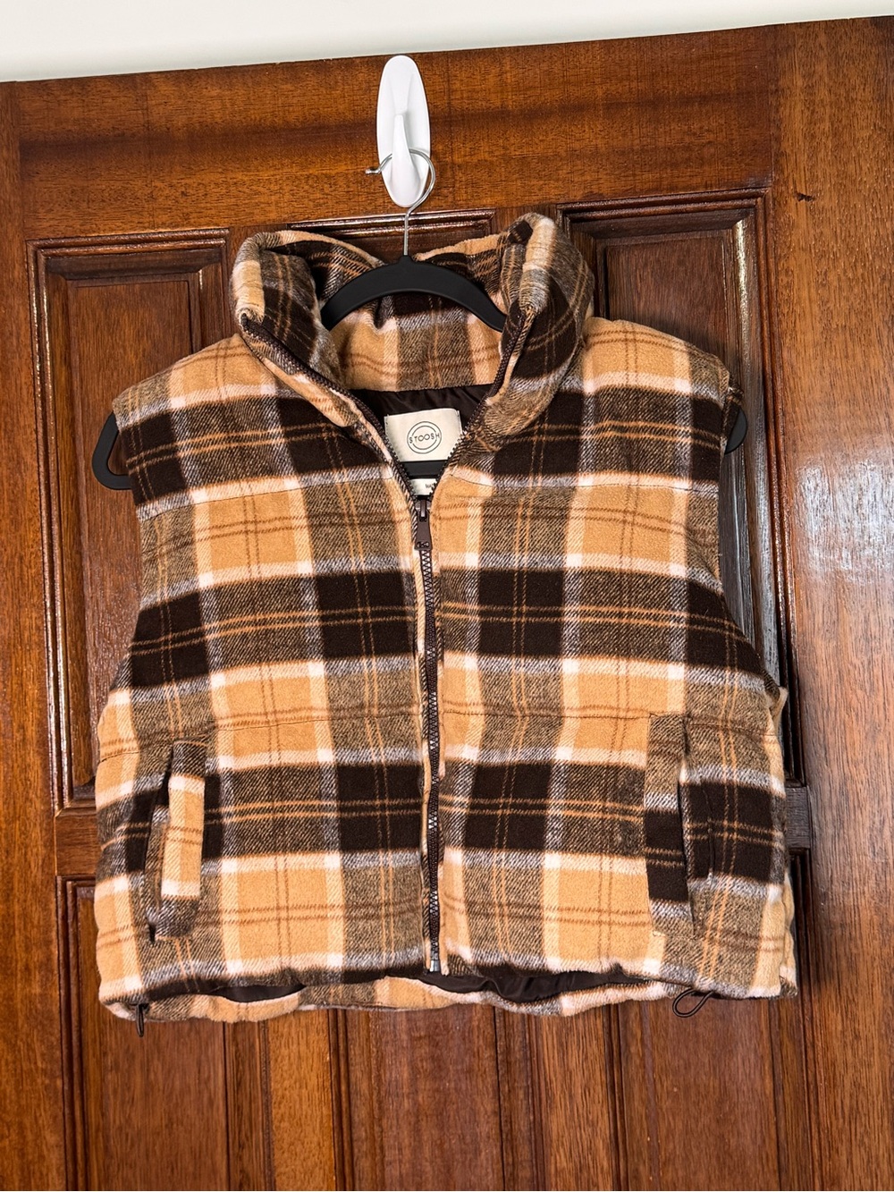 Stoosh Plaid Puffer Vest in Brown, Tan, and Cream